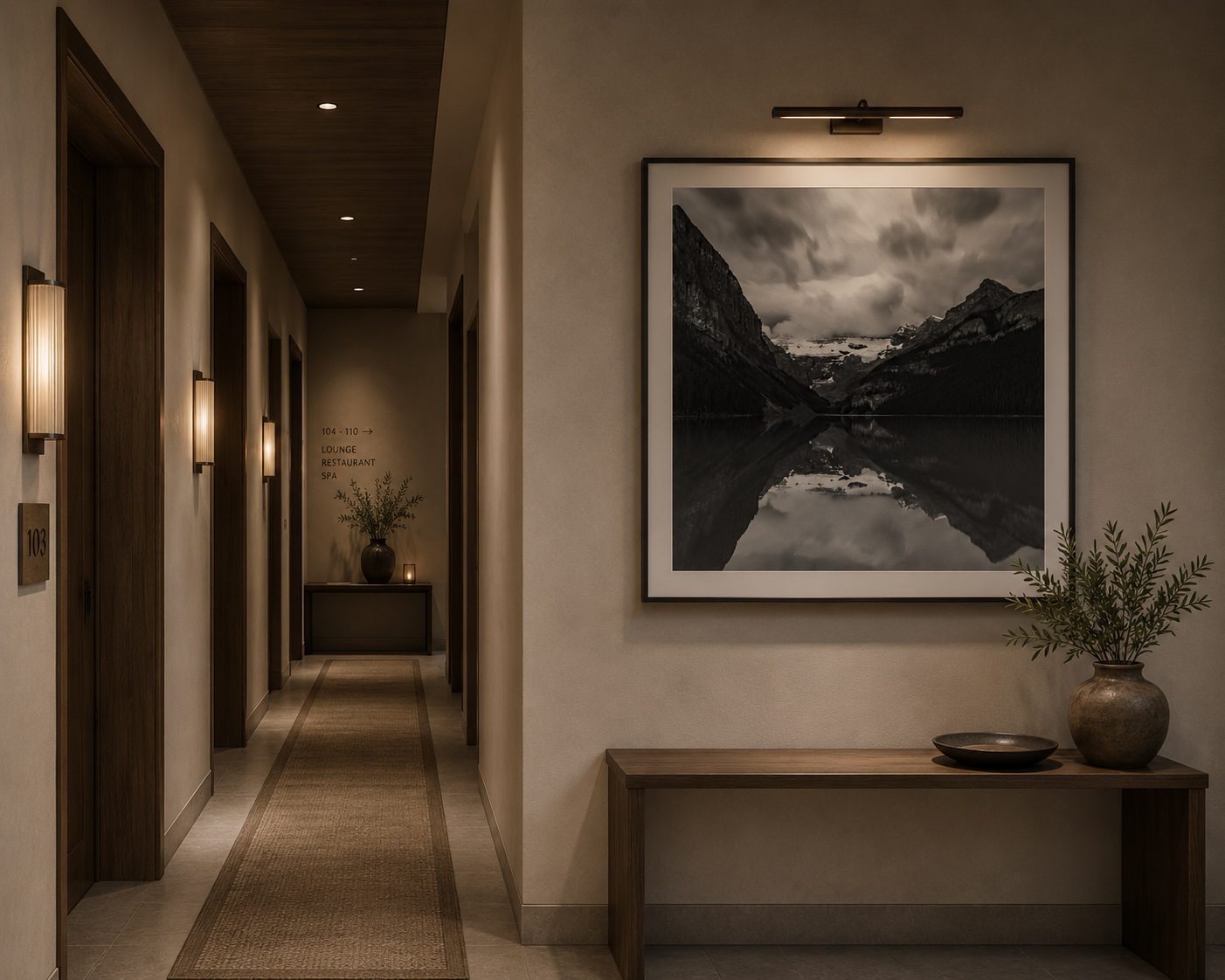 Boutique hospitality corridor with black and white mountain lake artwork